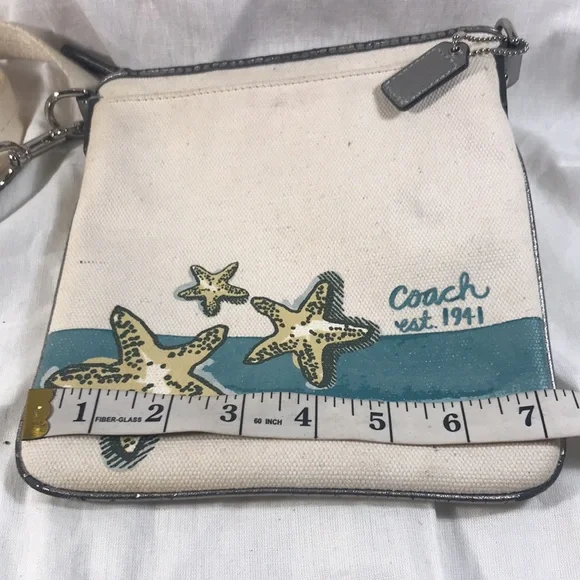 Coach Beach Cream and Blue Starfish Canvas & Silver Leather accent Crossbody Bag - Picture 5 of 6